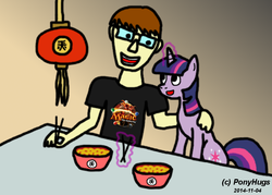 Size: 714x511 | Tagged: safe, artist:ponyhugs, twilight sparkle, human, g4, chopsticks, cute, date, food, interspecies, jin, jinbetes, jinlight, lantern, noodles, paper lantern, shipping