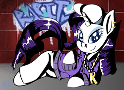 Size: 2954x2139 | Tagged: safe, artist:manfartwish, rarity, g4, bling, brick wall, clothes, ear piercing, female, graffiti, helix piercing, high res, piercing, solo, sweater