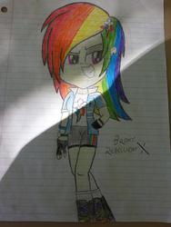 Size: 768x1024 | Tagged: safe, artist:deon miller, rainbow dash, human, g4, clothes, earring, fingerless gloves, gloves, hairclip, humanized, lined paper, traditional art