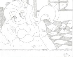 Size: 2176x1700 | Tagged: safe, artist:mc-ryan, fluttershy, g4, bed, bedroom, blanket, cute, ear fluff, female, monochrome, sleepy, solo, tired, traditional art