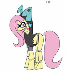 Size: 848x942 | Tagged: safe, fluttershy, pony, robot, robot pony, five nights at aj's, g4, animatronic, bonnie (fnaf), bunny ears, bunnyshy, clothes, costume, crossover, dangerous mission outfit, female, five nights at aj's 2, five nights at freddy's, five nights at freddy's 2, goggles, hoodie, looking at you, simple background, solo, white background