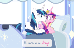 Size: 840x540 | Tagged: safe, artist:dm29, flash sentry, princess cadance, shining armor, twilight sparkle, alicorn, pegasus, pony, unicorn, g4, animated, bed, episodes from the crystal empire, female, looking at each other, male, mare, royal guard, ship:shiningcadance, shipping, stallion, straight, twilight sparkle (alicorn), unicorn royal guard
