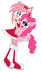 Size: 1260x2160 | Tagged: safe, artist:luckyacesnof, pinkie pie, earth pony, pony, g4, amy rose, crossover, cute, holding a pony, hug, simple background, smiling, sonic the hedgehog (series), white background