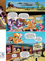 Size: 720x960 | Tagged: safe, artist:andypriceart, idw, official comic, applejack, fluttershy, pinkie pie, rainbow dash, rarity, twilight sparkle, alicorn, earth pony, lizard, pegasus, pony, reptile, unicorn, g4, spoiler:comic, spoiler:comic25, comic, female, idw advertisement, mane six, mare, preview, saguaro cactus, sign, speech bubble, train, twilight sparkle (alicorn)