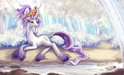 Size: 3279x2010 | Tagged: safe, artist:eiolf, tree of harmony, oc, oc only, oc:harmony (heilos), classical unicorn, pony, big crown thingy, cloven hooves, elements of harmony, flower, flower in hair, forest, high res, horn, leonine tail, ponified, solo, unshorn fetlocks