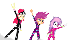 Size: 1280x720 | Tagged: safe, screencap, apple bloom, scootaloo, sweetie belle, equestria girls, g4, my little pony equestria girls: rainbow rocks, cutie mark crusaders, devil horn (gesture), female, fist, grin, pointing, show stopper outfits, simple background, smiling, trio, trio female, white background