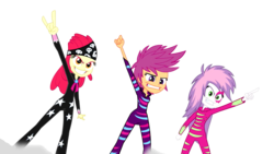 Size: 1280x720 | Tagged: safe, edit, edited screencap, screencap, apple bloom, scootaloo, sweetie belle, equestria girls, g4, my little pony equestria girls: rainbow rocks, background removed, cutie mark crusaders, devil horn (gesture), exploitable, grin, pointing, show stopper outfits, simple background, smiling, transparent background