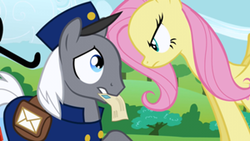 Size: 300x169 | Tagged: safe, screencap, fluttershy, mr. zippy, earth pony, pegasus, pony, g4, putting your hoof down, female, fluttercruel, looking at each other, mailpony, male, mare, mouth hold, stallion