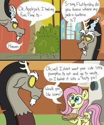 Size: 1067x1280 | Tagged: safe, artist:skitter, applejack, discord, fluttershy, draconequus, pegasus, pony, g4, applejack-o-lantern, bad end, comic, dark comedy, dialogue, female, fluttershy's cottage, gone horribly right, implied death, implied vore, inanimate tf, it was at this moment that he knew he fucked up, male, mare, oblivious, oh crap, painfully innocent fluttershy, pie, pumpkin pie, speech bubble, this did not end well, this will end in tears, transformation, uh oh, what have you done?!, what were you thinking
