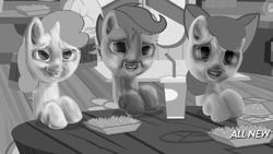Size: 1920x1080 | Tagged: safe, artist:naarpuni, edit, edited screencap, screencap, apple bloom, scootaloo, sweetie belle, g4, twilight time, all new, cutie mark crusaders, nightmare fuel, text, uncanny valley, wat