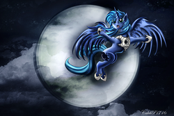 Size: 3888x2592 | Tagged: safe, artist:calebp1716, princess luna, g4, female, flying, full moon, high res, moon, night, solo, spread wings