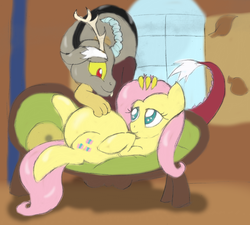 Size: 1280x1151 | Tagged: safe, artist:mlp-pregnancy-is-magic, discord, fluttershy, g4, belly, bellyrubs, female, male, on back, pregnant, rubbing, ship:discoshy, shipping, straight, tumblr