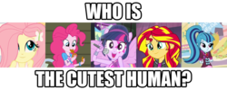 Size: 1200x480 | Tagged: safe, edit, screencap, fluttershy, pinkie pie, sonata dusk, sunset shimmer, twilight sparkle, equestria girls, g4, my little pony equestria girls: rainbow rocks, answers in the comments, bronybait, caption, cookie, cute, diapinkes, discussion, hair over one eye, microphone, moe, question, shimmerbetes, shyabetes, smiling, sonatabetes, twiabetes, twilight sparkle (alicorn), waifu wars