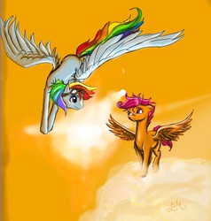 Size: 618x648 | Tagged: dead source, safe, artist:casualone, rainbow dash, scootaloo, g4, cloud, cloudy, flying, goggles, sky