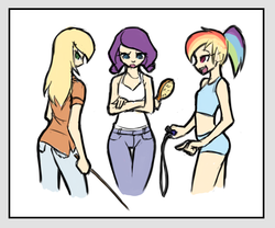 Size: 782x650 | Tagged: safe, artist:spankinglover, applejack, rainbow dash, rarity, human, equestria girls, g4, ass, brush, butt, button-up shirt, clothes, evil applejack, evil rainbow dash, evil rarity, female, humanized, imminent spanking, jeans, jump rope, midriff, pants, plaid shirt, shirt, skinny jeans, skipping rope, spaghetti strap, sports bra, sports panties, switch, tank top