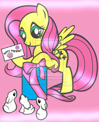 Size: 1319x1632 | Tagged: safe, artist:sailorusagichan, fluttershy, pegasus, pony, rabbit, g4, animal, card, eyes open, female, mare, present, smiling, solo, text, wings