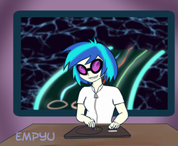 Size: 1000x820 | Tagged: safe, artist:empyu, dj pon-3, vinyl scratch, human, g4, dj hero, female, humanized, rhythm game, solo, sunglasses