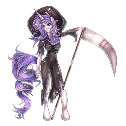 Size: 1000x1000 | Tagged: safe, artist:inky-pinkie, rarity, anthro, unguligrade anthro, g4, clothes, costume, female, grim reaper, halloween, human facial structure, scythe, simple background, solo, transparent background