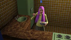 Size: 1344x756 | Tagged: safe, fluttershy, human, g4, clothes, cooking, humanized, kitchen, solo, sweater, sweatershy, the sims