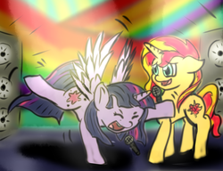 Size: 1280x985 | Tagged: safe, artist:m_d_quill, sunset shimmer, twilight sparkle, alicorn, pony, unicorn, g4, dancing, do the sparkle, microphone, speaker, the club can't even handle me right now, twilight sparkle (alicorn)
