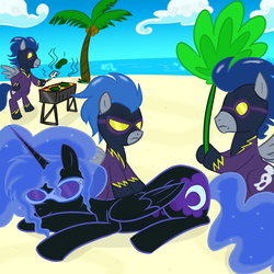 Size: 1000x1000 | Tagged: safe, artist:madmax, edit, descent, nightmare moon, nightshade, alicorn, pegasus, pony, g4, barbeque, beach, bipedal, clothes, costume, female, goggles, male, mare, massage, prone, shadowbolts, shadowbolts (nightmare moon's minions), shadowbolts costume, stallion, sunglasses, tree, veggie burger