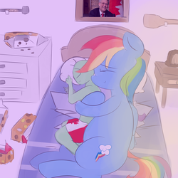 Size: 1100x1100 | Tagged: safe, artist:askcanadash, rainbow dash, oc, oc:anon, human, pony, g4, boxers, chubby, clothes, cuddling, duo, giant pony, human on pony snuggling, macro, reversed gender roles equestria, size difference, sleeping, snuggling, spooning, stephen harper, timbits, tiny human, underwear
