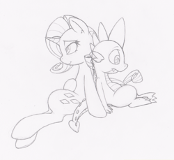 Size: 600x550 | Tagged: safe, artist:dfectivedvice, rarity, spike, g4, female, grayscale, male, monochrome, ship:sparity, shipping, straight, traditional art