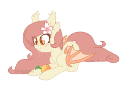 Size: 655x443 | Tagged: safe, artist:onikashi, oc, oc only, oc:peach blossom, bat pony, pony, eating, herbivore, peach, solo