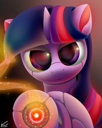 Size: 2000x2500 | Tagged: safe, artist:symbianl, twilight sparkle, gynoid, pony, robot, robot pony, g4, arm cannon, female, high res, imminent death, roboticization, solo, twibot