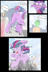 Size: 2160x3200 | Tagged: safe, artist:askcanadash, twilight sparkle, oc, oc:anon, human, pony, g4, building, city, comic, crushing, dark magic, destruction, giant pony, gritted teeth, high res, macro, magic, male, parody, scene parody, sombra eyes, spider-man, the amazing spider-man, the amazing spider-man 2, the amazing spiderman