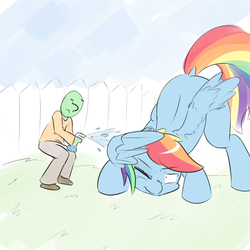 Size: 1100x1100 | Tagged: safe, artist:askcanadash, rainbow dash, oc, oc:anon, human, pegasus, pony, g4, :<, covering, face down ass up, frown, giant pony, macro, one eye closed, spray bottle, water, wavy mouth, wide eyes, wing hands