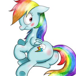 Size: 750x750 | Tagged: safe, artist:mingy.h, rainbow dash, pegasus, pony, g4, blushing, butt, butt blush, embarrassed, female, mare, plot, profile, rainbutt dash, simple background, solo, underhoof, white background