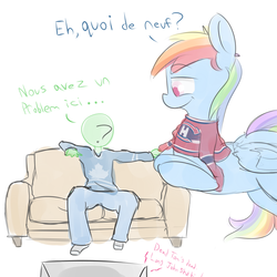 Size: 1200x1200 | Tagged: safe, artist:askcanadash, rainbow dash, oc, oc:anon, human, pony, g4, clothes, couch, french, giant pony, hockey, jersey, leaning, macro, montreal canadiens, muppets treasure island, national hockey league, nhl, sports, television, toronto maple leafs, translated in the comments