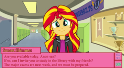 Size: 1394x764 | Tagged: safe, artist:decprincess, artist:fundz64, sunset shimmer, equestria girls, g4, my little pony equestria girls: rainbow rocks, cute, dating sim, looking at you, shimmerbetes, smiling, visual novel