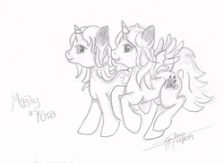 Size: 2159x1568 | Tagged: safe, artist:littlewolfstudios, oc, oc only, oc:kirawolf, oc:mistystar, alicorn, pony, unicorn, cute, female, friends, monochrome, running, traditional art