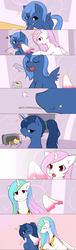 Size: 852x2809 | Tagged: safe, artist:dieva4130, princess celestia, princess luna, g4, cewestia, comic, filly, flan, siblings, time skip, woona