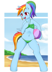 Size: 971x1359 | Tagged: safe, artist:dieva4130, rainbow dash, pegasus, pony, semi-anthro, g4, alternate hairstyle, belly button, bikini, blushing, clothes, female, pinup, solo, swimsuit