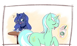 Size: 1184x721 | Tagged: safe, artist:dieva4130, lyra heartstrings, princess celestia, princess luna, g4, blushing, starbucks