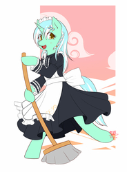 Size: 1050x1425 | Tagged: safe, artist:dieva4130, lyra heartstrings, pony, g4, bipedal, braid, broom, clothes, cute, female, hairclip, maid, solo