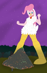 Size: 2212x3390 | Tagged: safe, artist:final7darkness, pinkie pie, twilight sparkle, equestria girls, g4, animal costume, chicken pie, chicken suit, clothes, costume, giantess, high res, macro, nightmare night, request, requested art, sweets