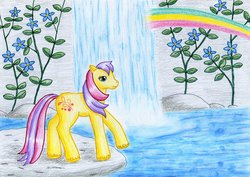 Size: 1024x724 | Tagged: safe, artist:normaleeinsane, satin splash, g2, female, flower, rainbow, solo, traditional art, waterfall