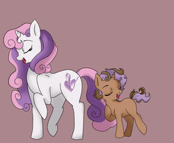 Size: 850x700 | Tagged: safe, artist:jointsupermodel, sweetie belle, oc, oc:vecto rings, g4, eyes closed, mother and son, offspring, older, parent:button mash, parent:sweetie belle, parents:sweetiemash, singing, son