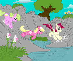 Size: 1000x830 | Tagged: safe, artist:elosande, daisy, flower wishes, lily, lily valley, roseluck, earth pony, pony, g4, female, flower trio, jumping, sliding, trio, trio female