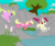 Size: 1000x830 | Tagged: safe, artist:elosande, daisy, flower wishes, lily, lily valley, roseluck, earth pony, pony, g4, female, flower trio, jumping, sliding, trio, trio female