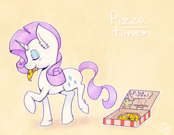 Size: 900x703 | Tagged: safe, artist:steveholt, rarity, g4, eyes closed, female, food, mouth hold, pizza, raised hoof, simple background, solo, walking