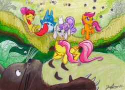 Size: 4200x3042 | Tagged: safe, artist:invalid-david, apple bloom, fluttershy, scootaloo, sweetie belle, parasprite, g4, crossover, cutie mark crusaders, my neighbor totoro, sleeping, traditional art