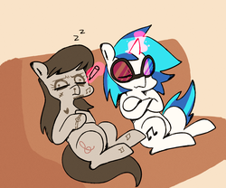 Size: 1200x1000 | Tagged: safe, artist:gmrqor, dj pon-3, octavia melody, vinyl scratch, g4, body writing, drawing, sleeping