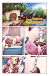 Size: 1393x2167 | Tagged: safe, artist:saturdaymorningproj, angel bunny, fluttershy, comic:angelic flutterboom, g4, bed, comic, morning ponies, teddy bear, waking up