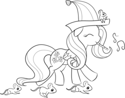 Size: 1287x1011 | Tagged: safe, fluttershy, rat, g4, eyes closed, female, hat, lineart, monochrome, music, music notes, musical instrument, pied piper of hamelin, solo