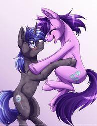 Size: 900x1167 | Tagged: safe, artist:inuhoshi-to-darkpen, amethyst star, sparkler, oc, oc:star kicker, fanfic:the life and times of a winning pony, winningverse, g4, blushing, canon x oc, fanfic art, female, happy, lesbian, shipping, sparklerstar, unshorn fetlocks